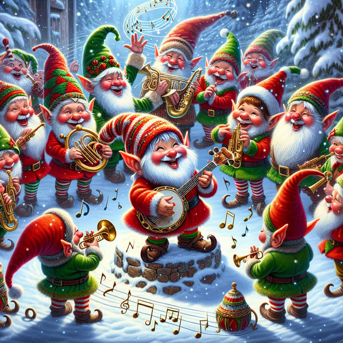 Iconic Illustration of Santa's Musicians Gnomes at North Pole