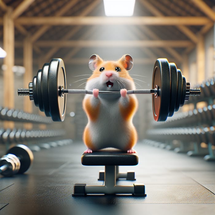 Photorealistic Hamster Lifting Dumbbells in Gym