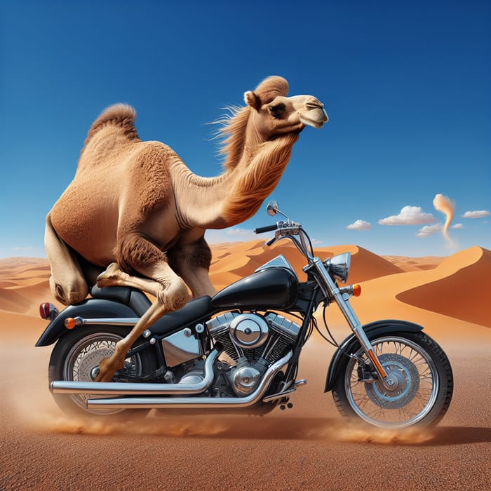 Whimsical Camel Riding a Motorcycle in the Desert