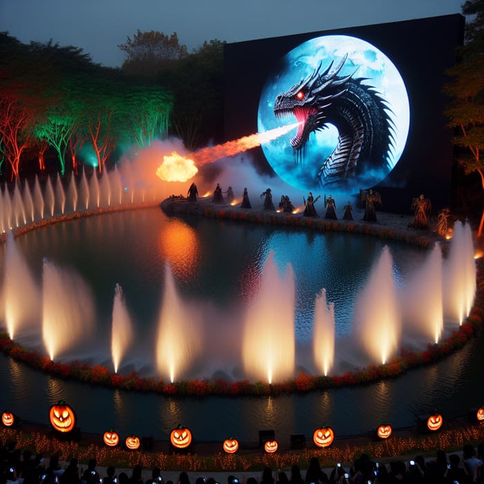 Spooky Halloween Evening Pond with Fire-breathing Dragon Show