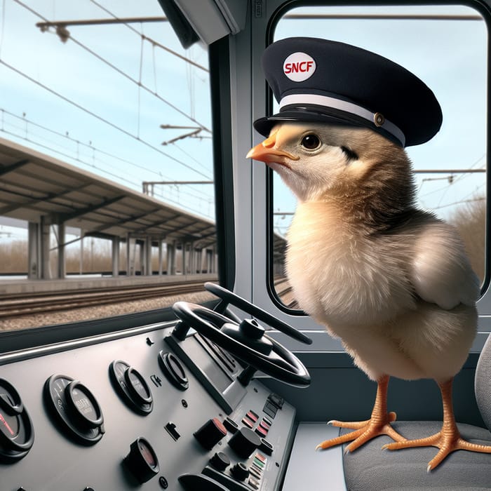 Photorealistic Chick Conducting Train Inside Cabin