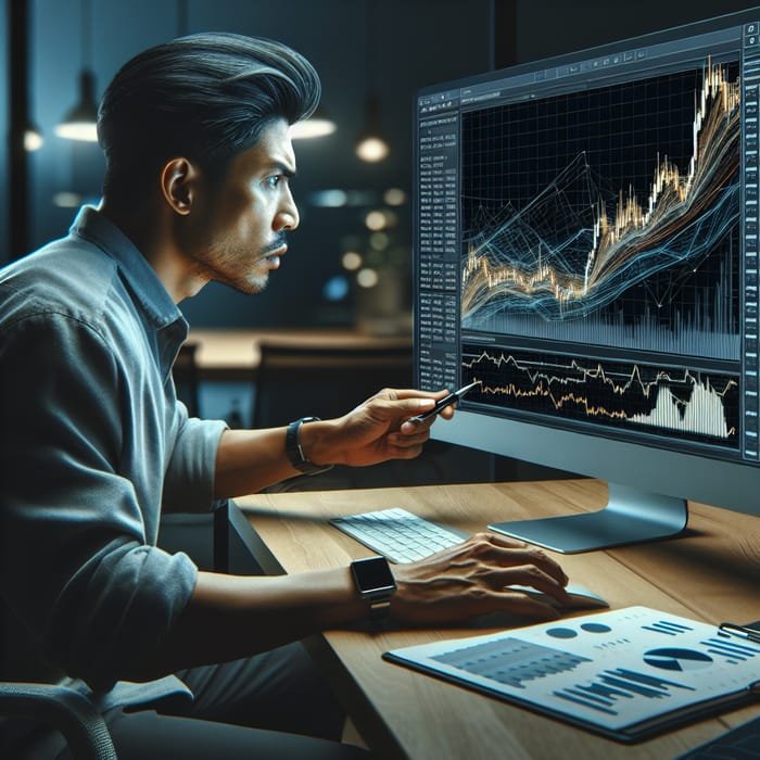 32-Year-Old South Asian Man Analyzing Full HD Bitcoin Chart | Professional Dashboard