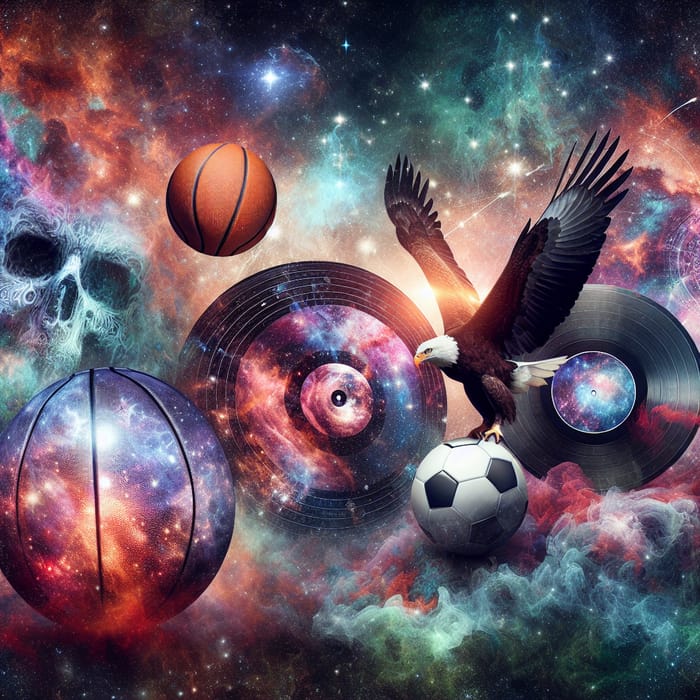 Celestial Galaxy Art with Basketball, Football, Volleyball, and Eagle