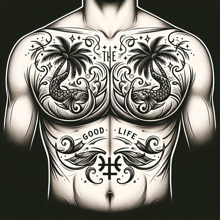 Stylish Chest Tattoo: The Good Life & Pisces Design