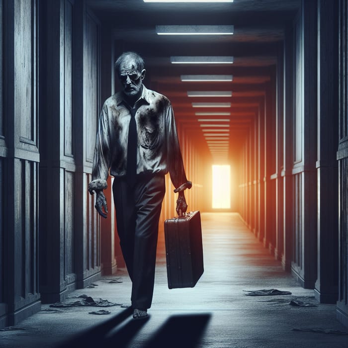 Twilight Burned-Out Man Walking Through Profound Corridor