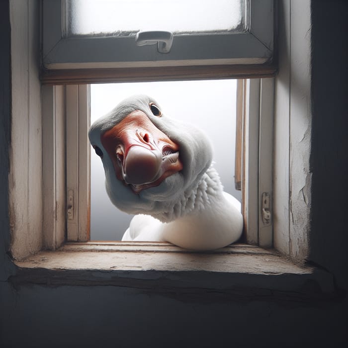 White Goose Peeking Through Window