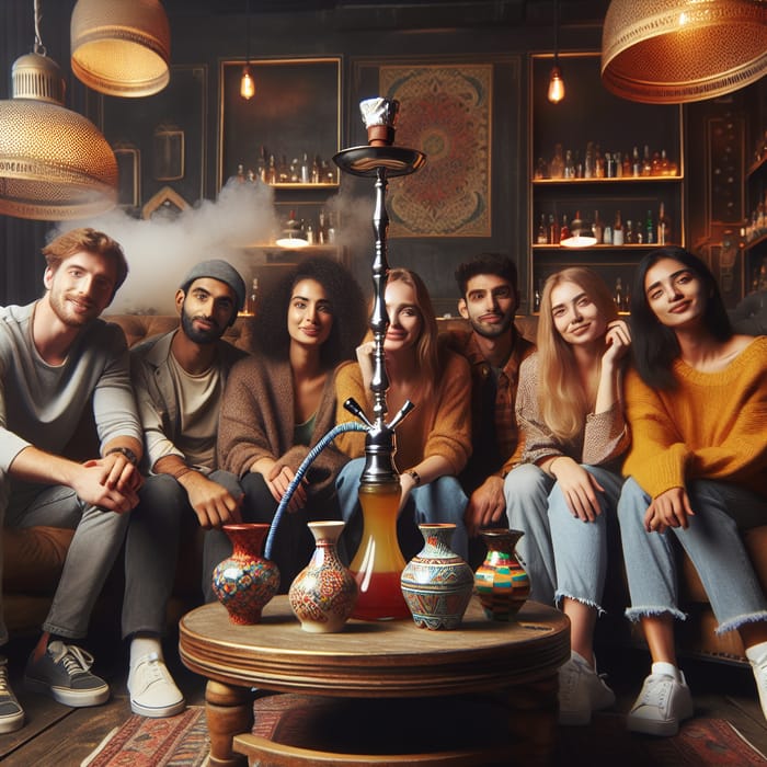 Friends Enjoying Hookah in a Cozy Bar