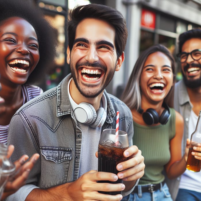 Man Drinking Pepsi with Multicultural Friends in Urban Setting