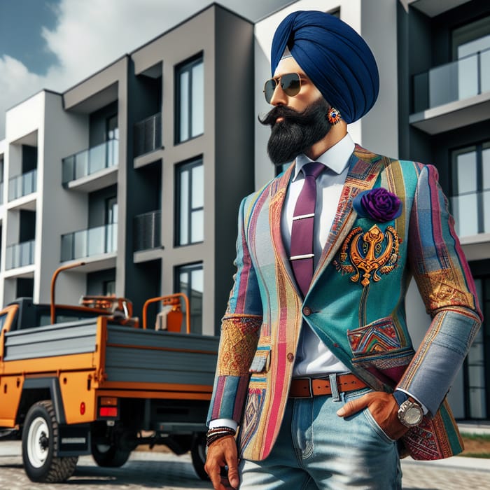 Vibrant Sikh Realtor with RAM Truck at New Building