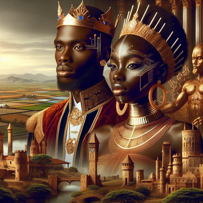 Ancient Powerful Black African Dynasties: Royal King & Queen with Kingdom Background & Afrofuturism