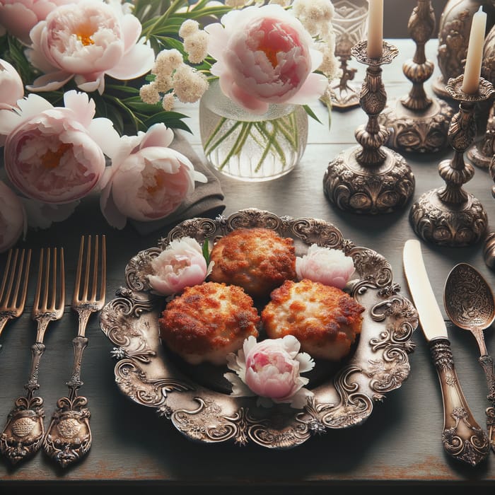 Delicious Chicken Cutlets & Peonies on Exquisite Plate