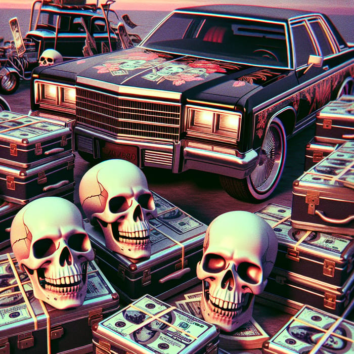 Retro Lowrider Car with Skulls and Dollar Suitcases