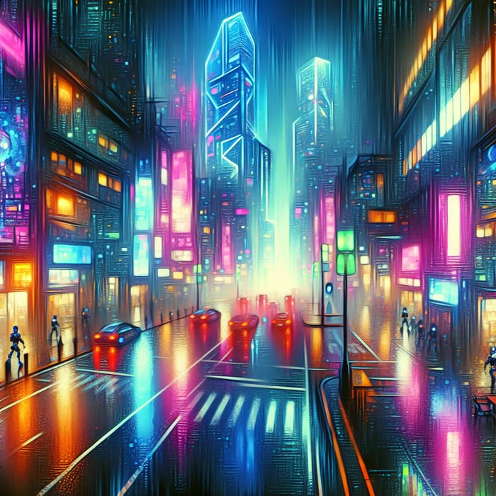 Futuristic Cyberpunk Cityscape - Neon Lights and Androids in Vibrant Digital Painting