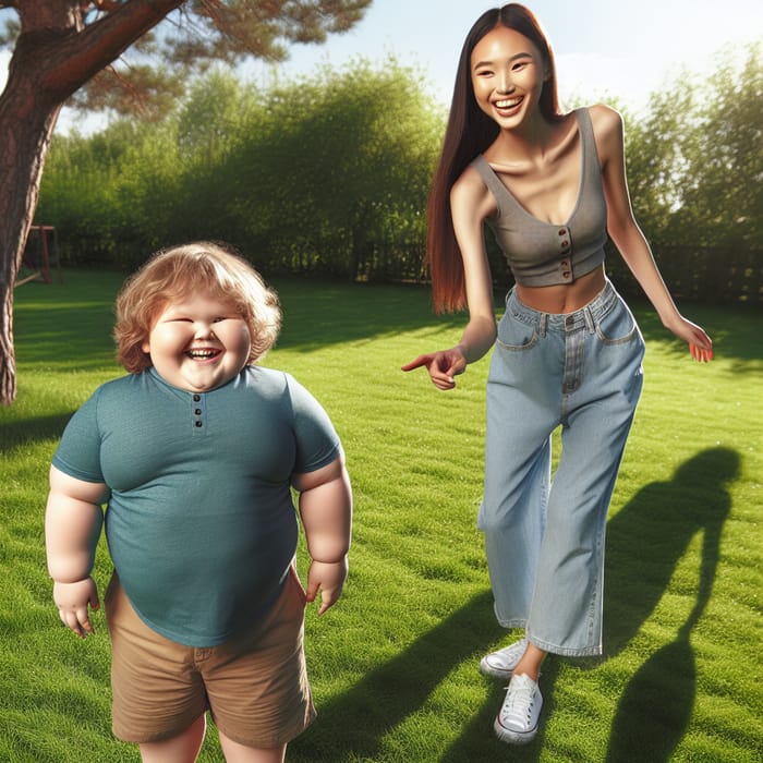 Charming Boy and Towering Girl Playing Outdoors