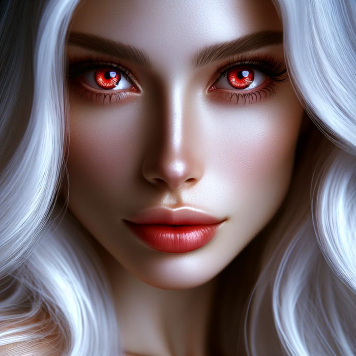 Captivating Woman with White Hair and Fiery Red Eyes