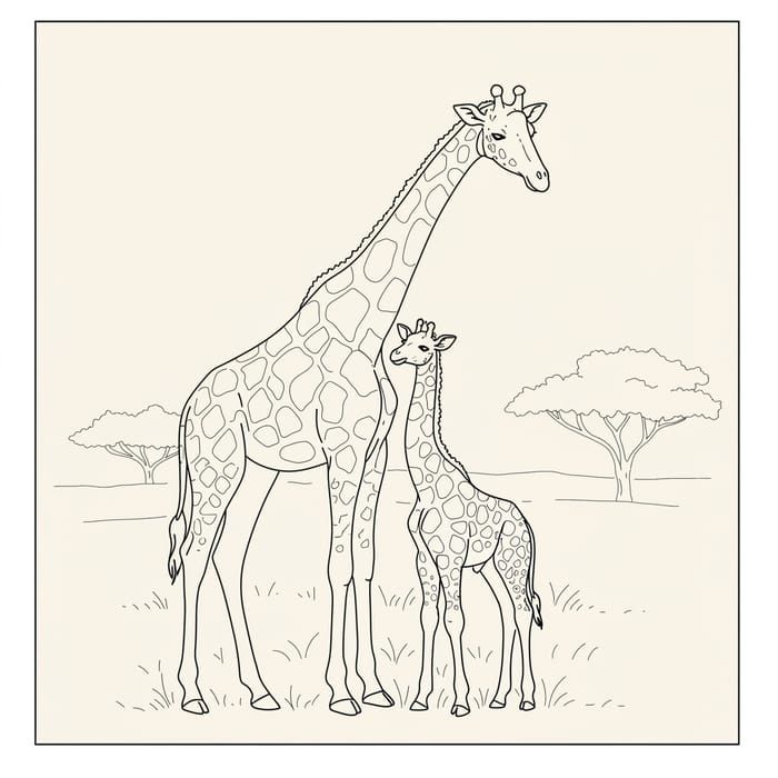 Line Drawing of Giraffe and Baby Giraffe