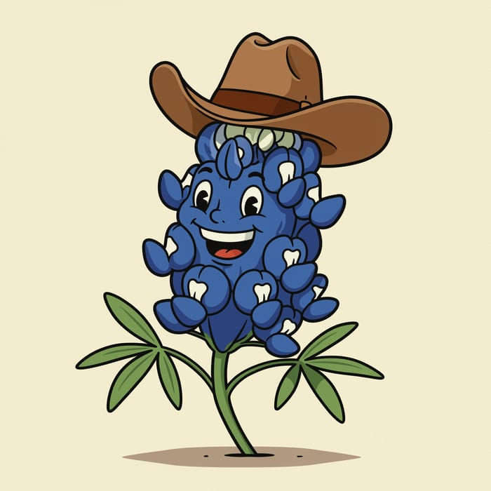 Retro Bluebonnet Mascot with Cowboy Hat