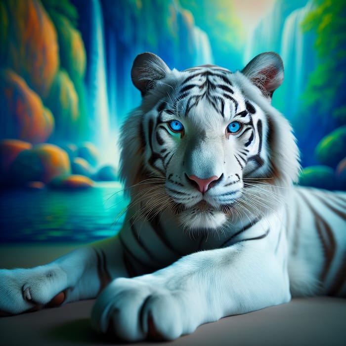 Majestic Blue-Eyed White Bengal Tiger on Blue and Green Background