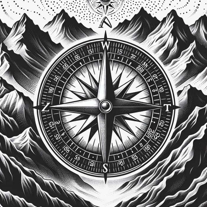 Detailed Black and White Compass Tattoo Design with Mountain Theme