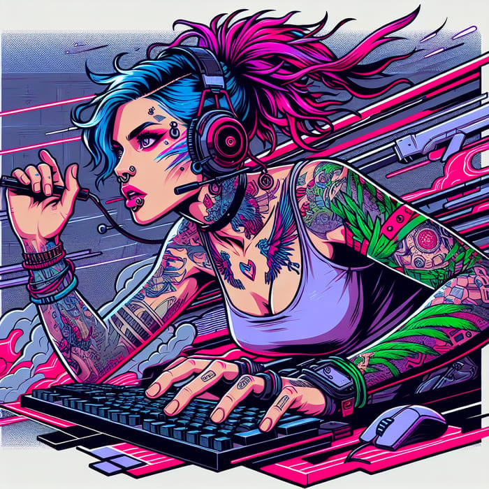 Tattooed Gamer Girl in Dynamic Cyberpunk Battle