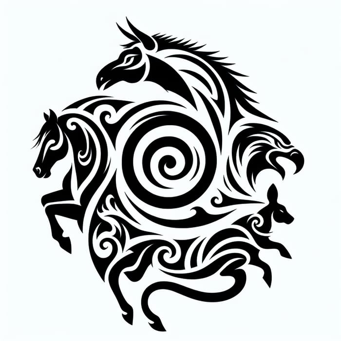 Spiral Tribal Tattoo Design with Horse, Bull, Eagle & Kangaroo