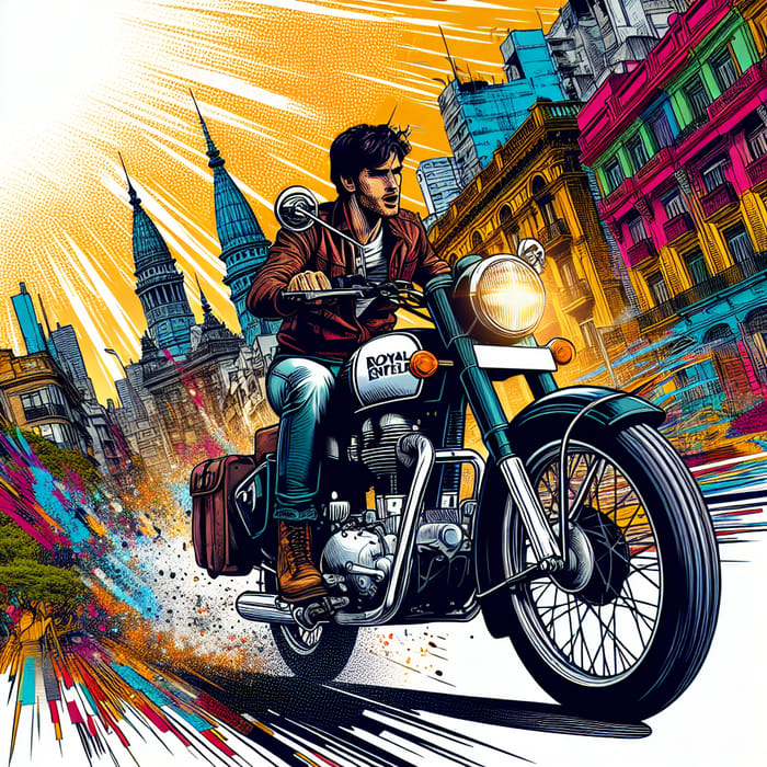 Argentinean Motorcyclist on Royal Enfield in Vibrant Comic Book Scene