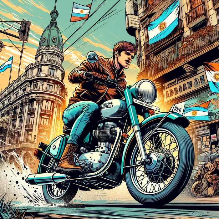 Exciting Motorcyclist Illustration: Royal Enfield in Vibrant Argentine Comic Style