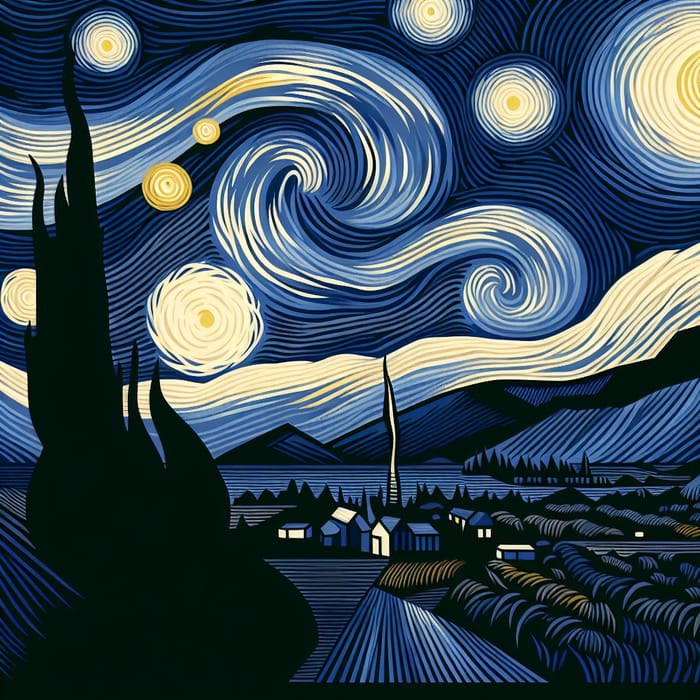 Simplified Starry Night: Minimalist Van Gogh Style Art