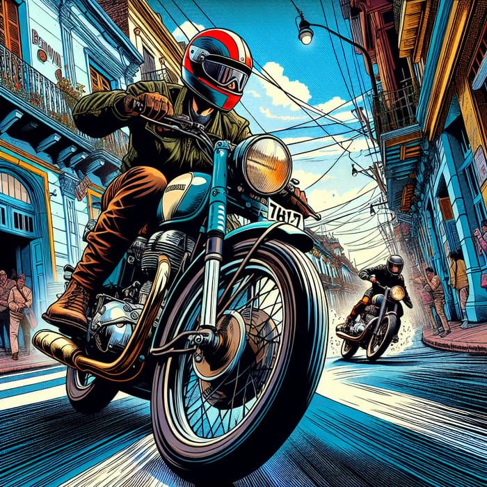 Argentinean Motorcyclist Racing Through Vibrant Streets of Salta in Comic Book Style