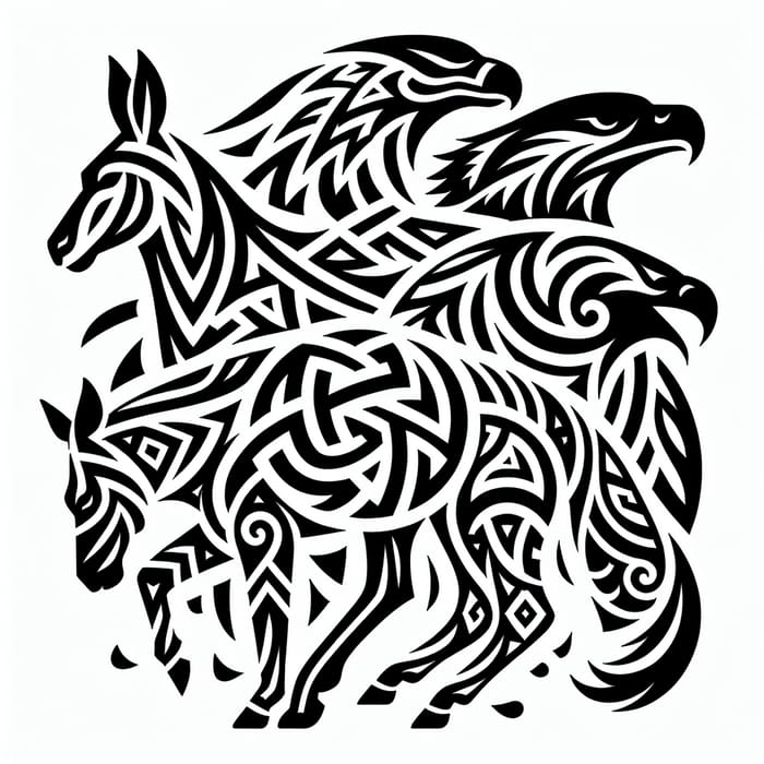 Interconnected Tribal Tattoo with Kangaroo, Horse, Eagle & Bull