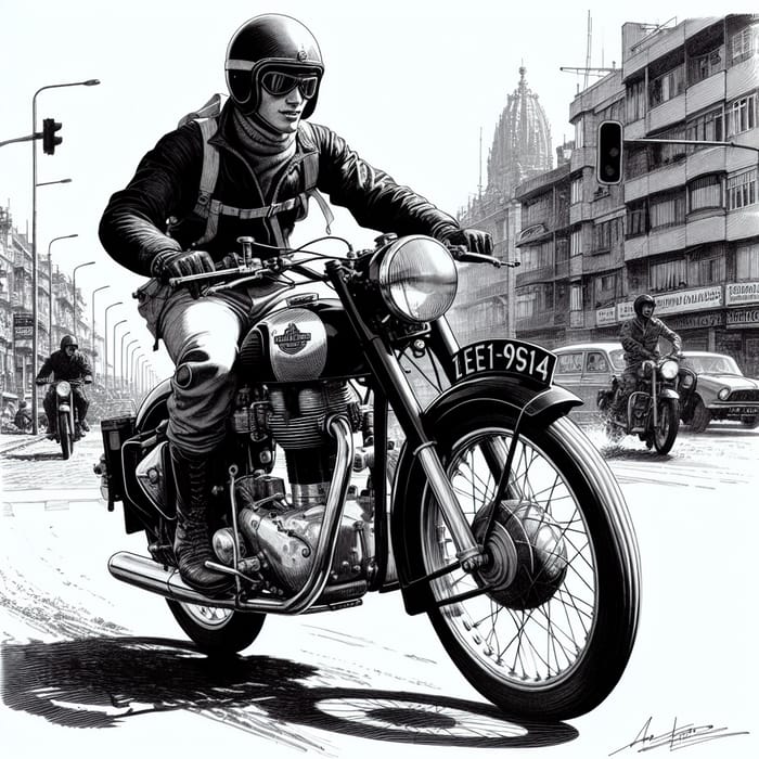 Dynamic Royal Enfield Biker Illustration - Urban Street Scene