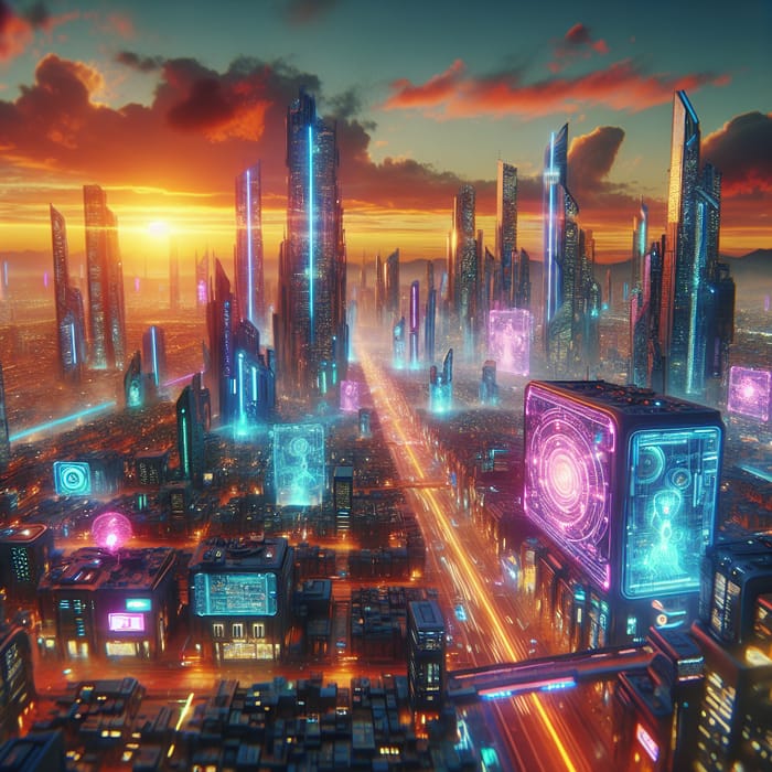 Futuristic Cyberpunk Cityscape at Sunset - Neon Lights & Advanced Tech