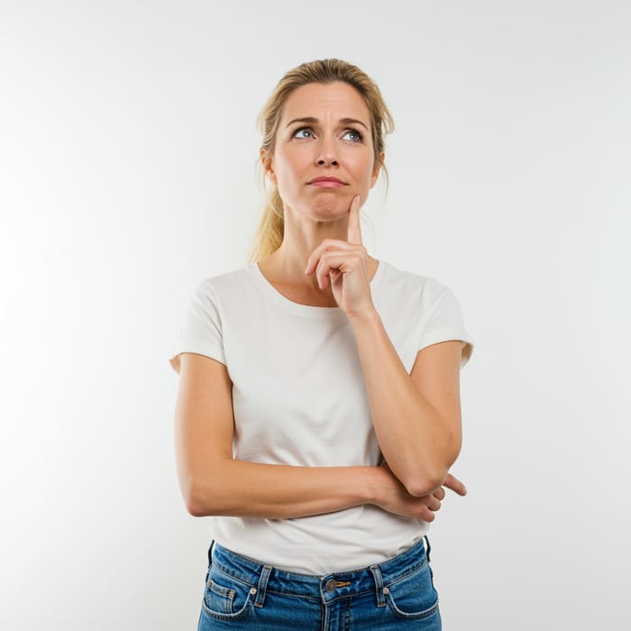 Thoughtful 40-Year-Old Woman in Casual Attire Thoughtful 40-Year-Old Woman in Casual Attire