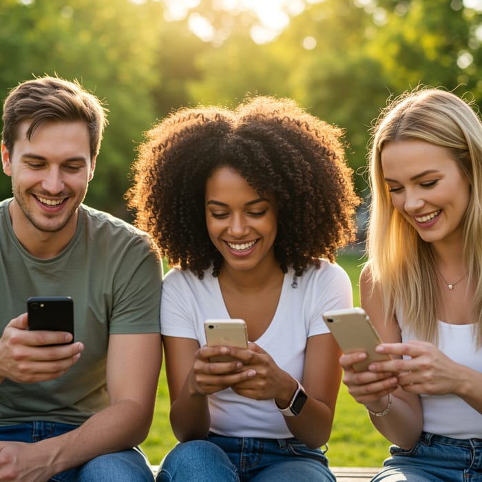 Friends Connected Through Phones: Smiles and Focus