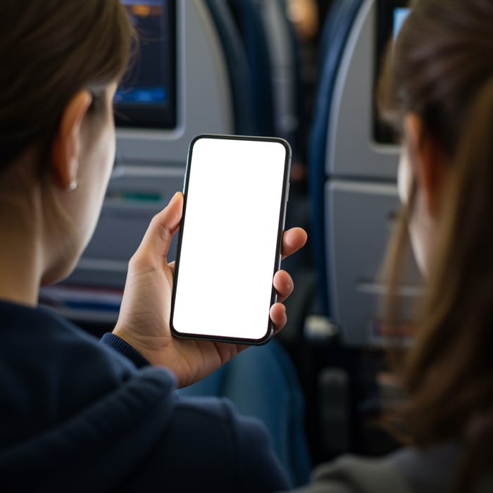 Woman on French Plane Using Phone Woman on French Plane Using Phone
