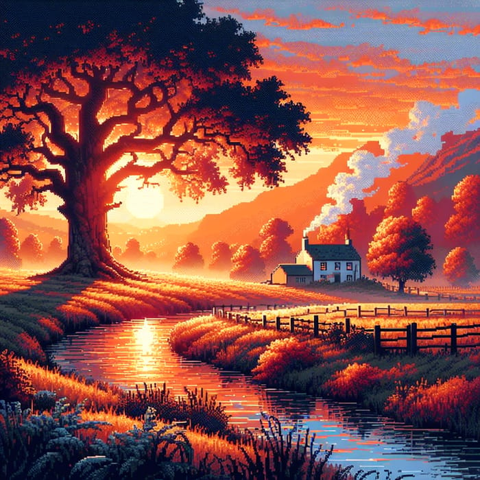 Golden Hour Serene Landscape Pixel Art Scene