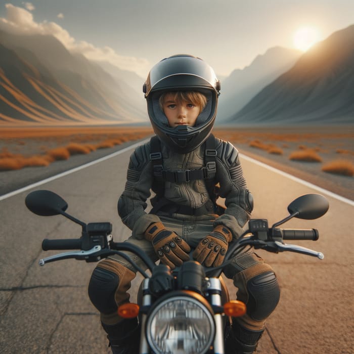 Exciting Adventure: Young Boy on Motorbike with Mountain View