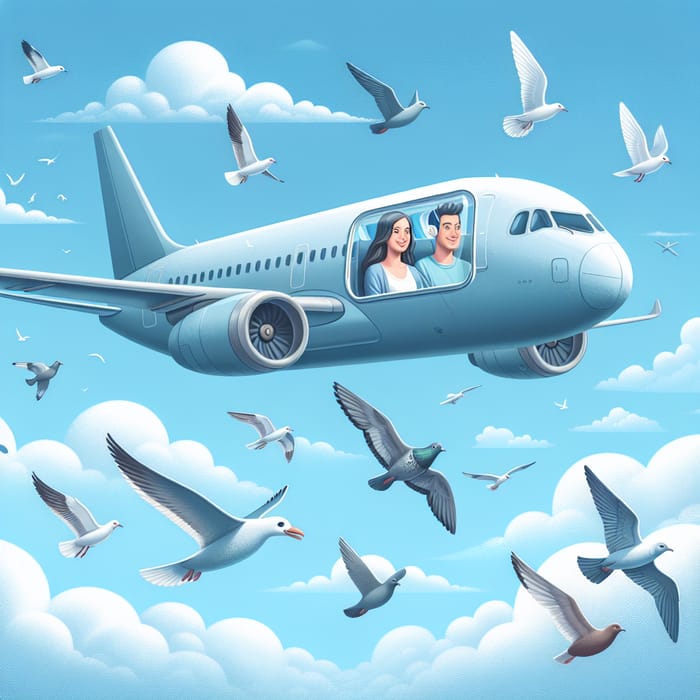 Couple in Airplane with Flying Birds: Serene Journey Scene