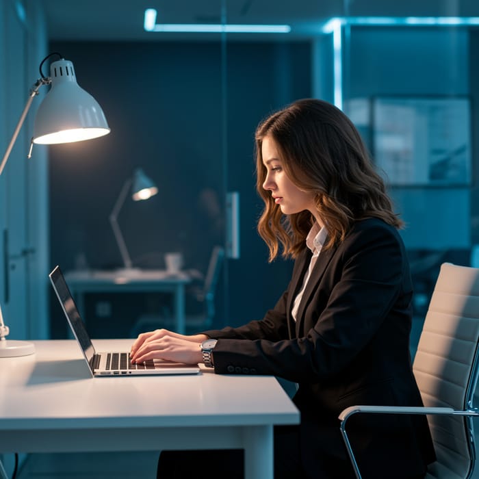 Brunette in Stylish Office with Laptop