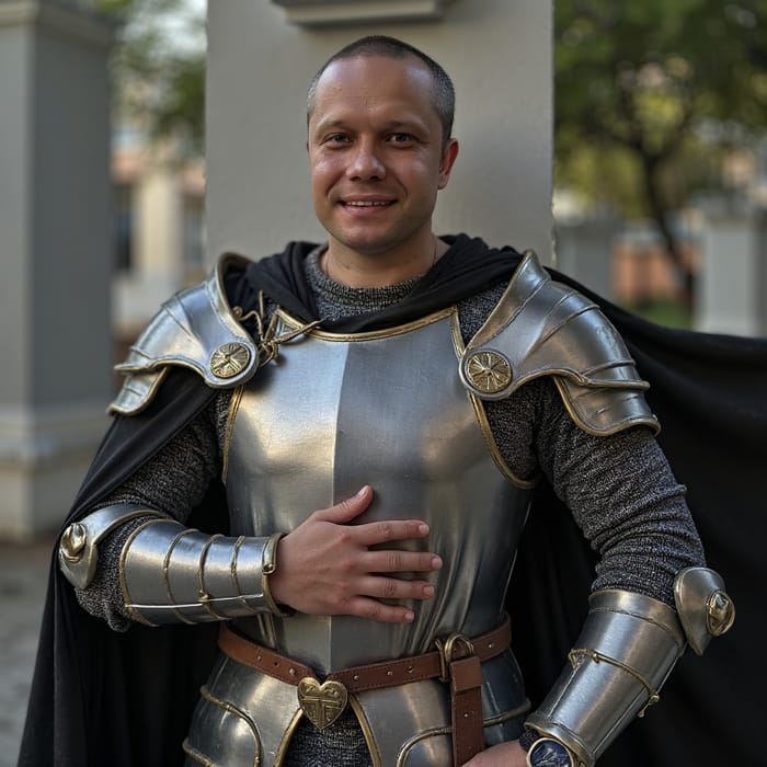 Happy Medieval Knight in Silver Armor