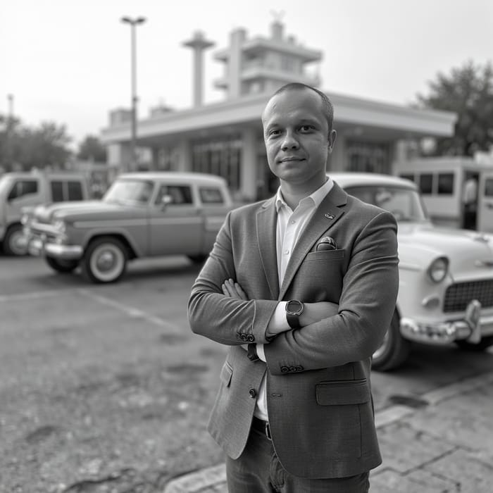 Classic 1950s Diner & TOK Man in Black and White