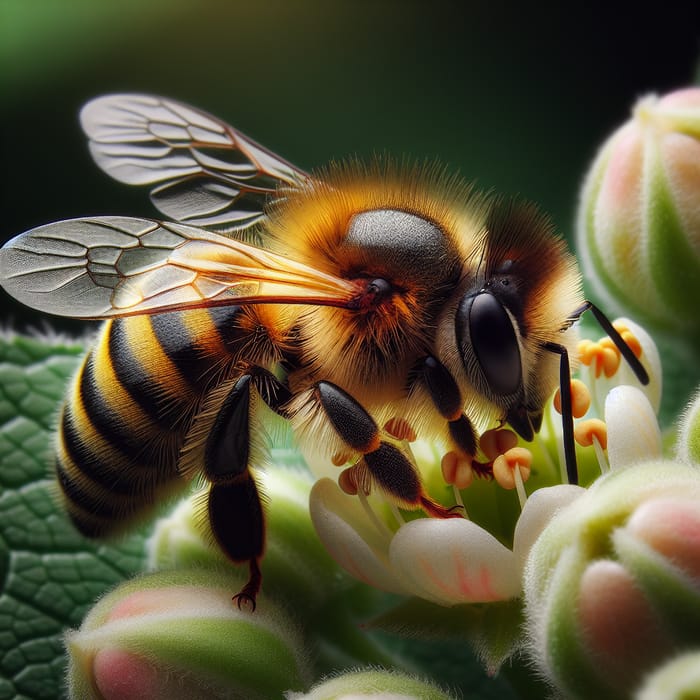 Bee Pollinating Flower Closeup