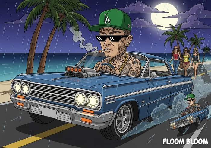 Cartoon Driver in 1964 Impala: Moonlit Beach Adventure Cartoon Driver in 1964 Impala: Moonlit Beach Adventure