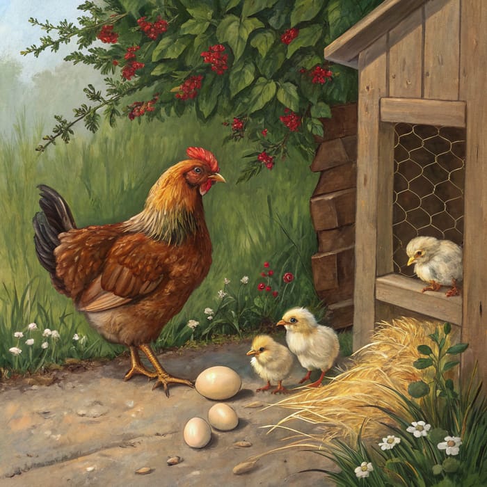 Charming Oil Painting of Cockerel and Hen with Chicks