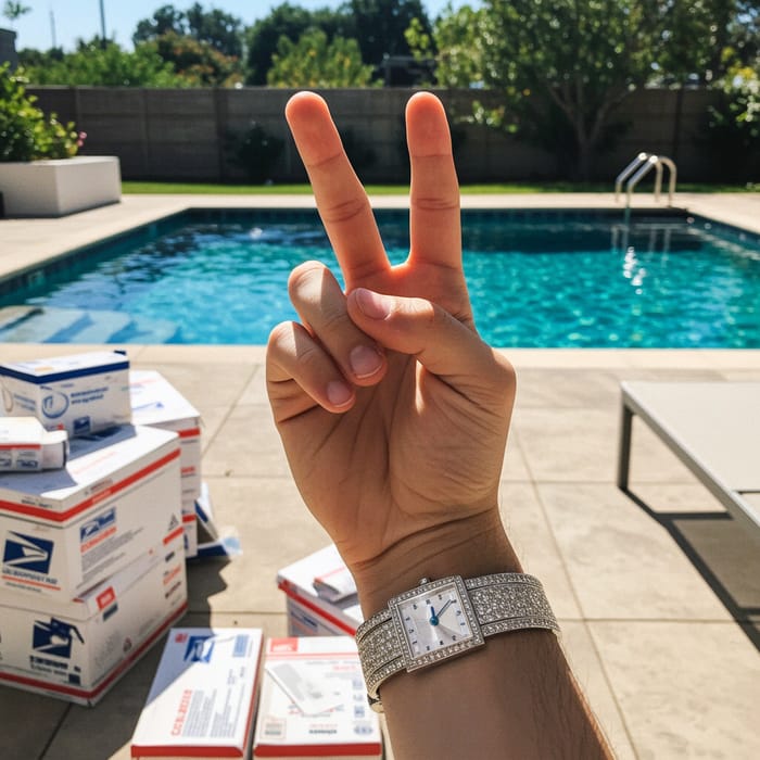 Stylish Peace Sign Hand with Cartier & Pool View