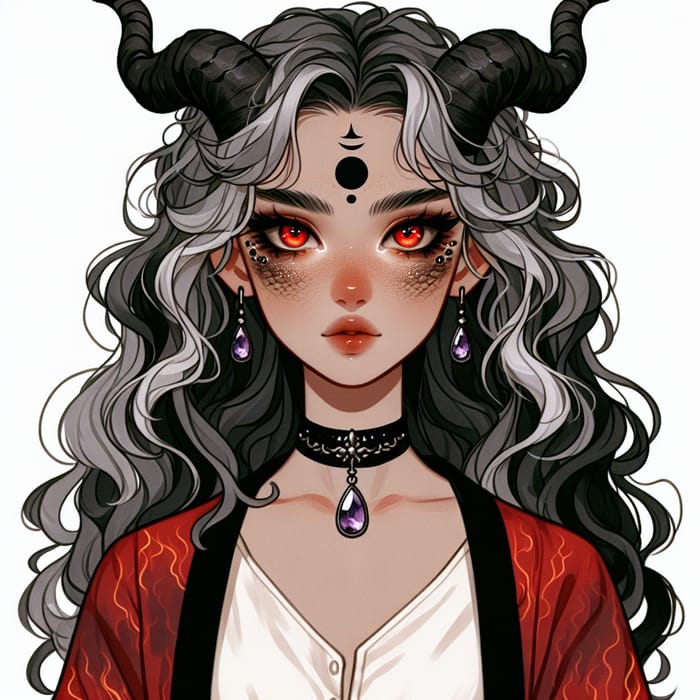 Enchanting Caucasian Girl with Wavy Black Horns and Red Eyes