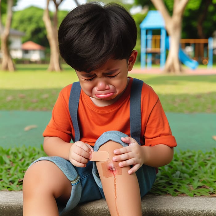 South Asian Boy Applies Bandage to Scraped Knee