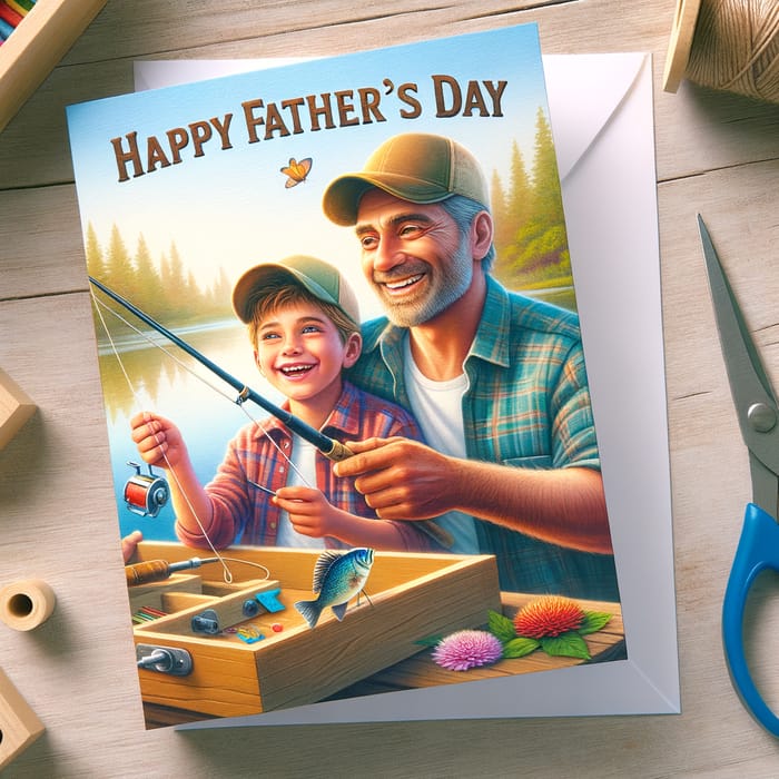 Heartwarming Father-Son Fishing Scene Greeting Card