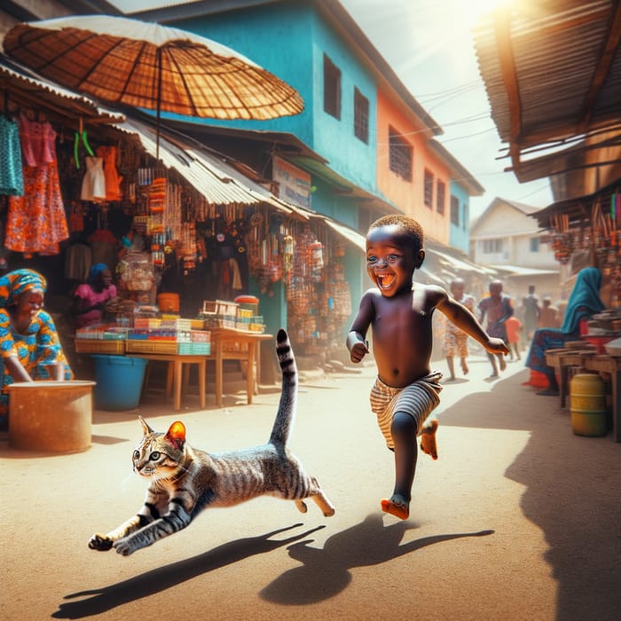 Joyful Kid Chasing Cat in Nigerian Streets