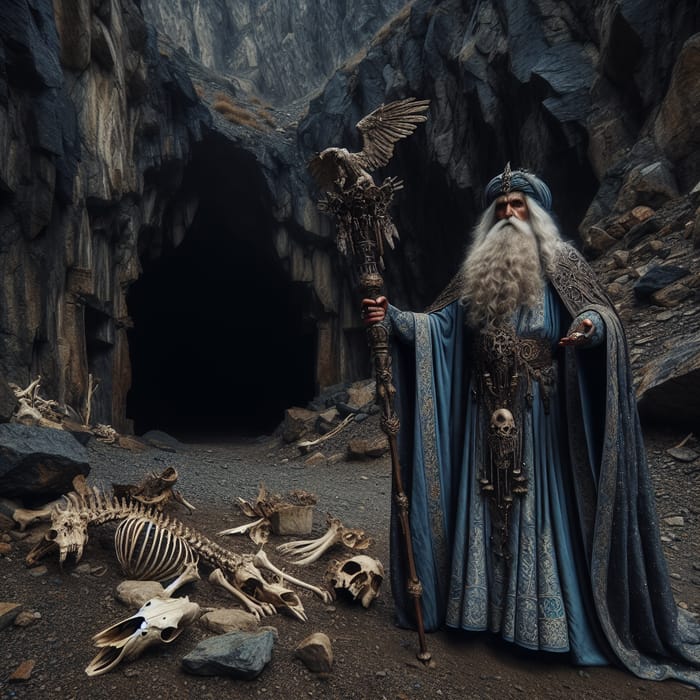 Mysterious Wizard Outside Cave with Scattered Bones Mysterious Wizard Outside Cave with Scattered Bones